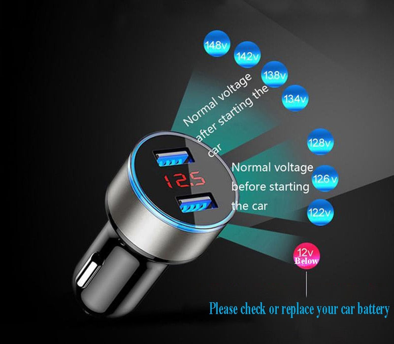 Dual USB Car Charger 2 Ports LCD Display 12-24V Power Adapter. (Multiple Colors)